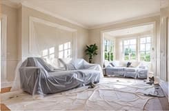 Protected floors and room setup before interior painting